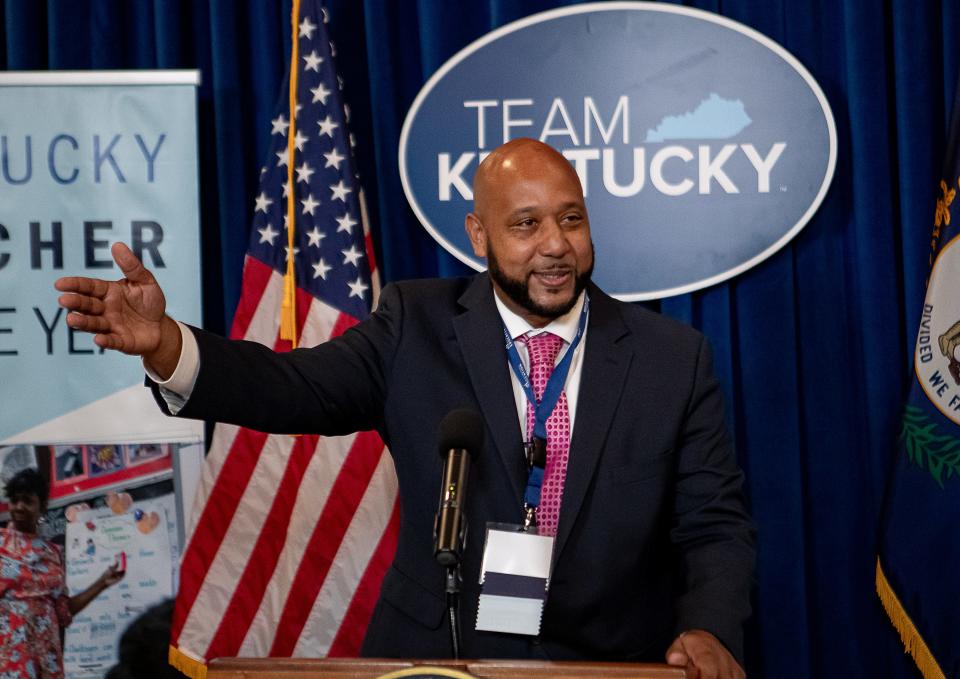 JCPS' Kumar Rashad, who teaches at Breckenridge Metropolitan High School, spoke after being named the top high school teacher of the year during a ceremony in Frankfort on Wednesday morning, Sept. 13, 2023