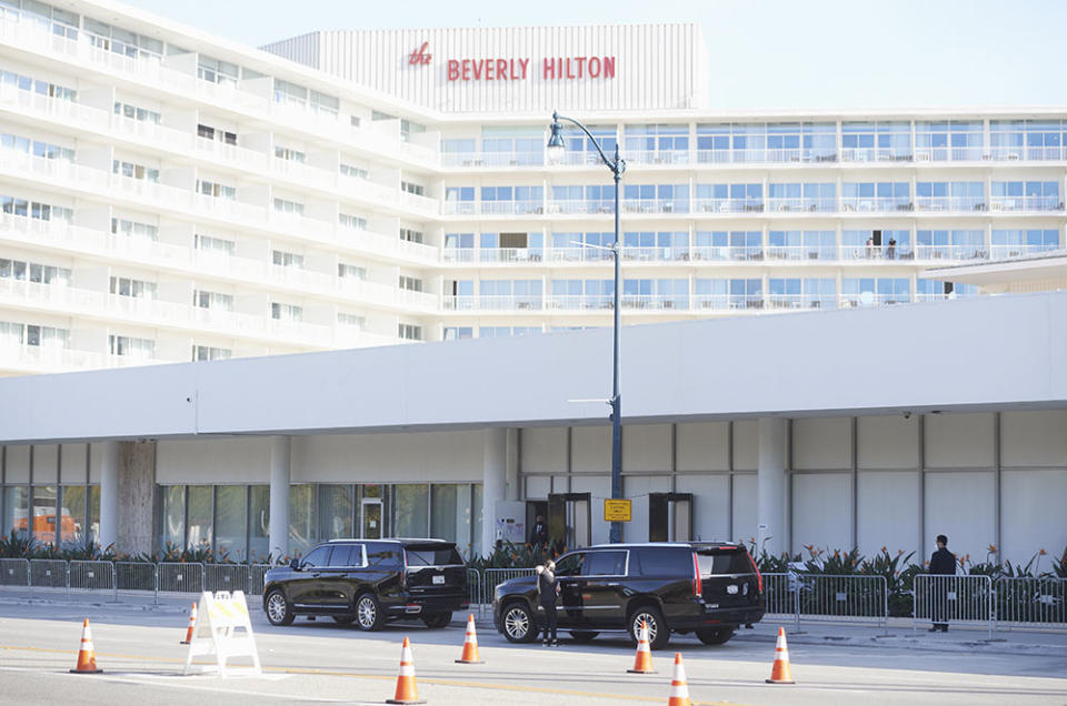 Limousines line up outside the Beverly Hilton Hotel for Rapid Covid Tests on show day of the 78th Golden Globe Awards in Beverly Hills, California on February 28, 2021.