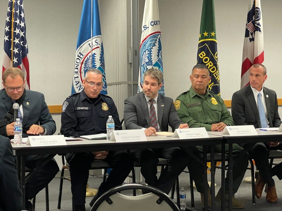 Officials from Homeland Security Investigations; U.S. Customs and Border Protection; Bureau of Alcohol, Tobacco, Firearms and Explosives; U.S. Border Patrol; the Justice Department; and Postal Service assembled Aug. 31, 2023, to explain their joint Operation Without a Trace in Laredo, Texas. (Sandra Sanchez/Border Report)