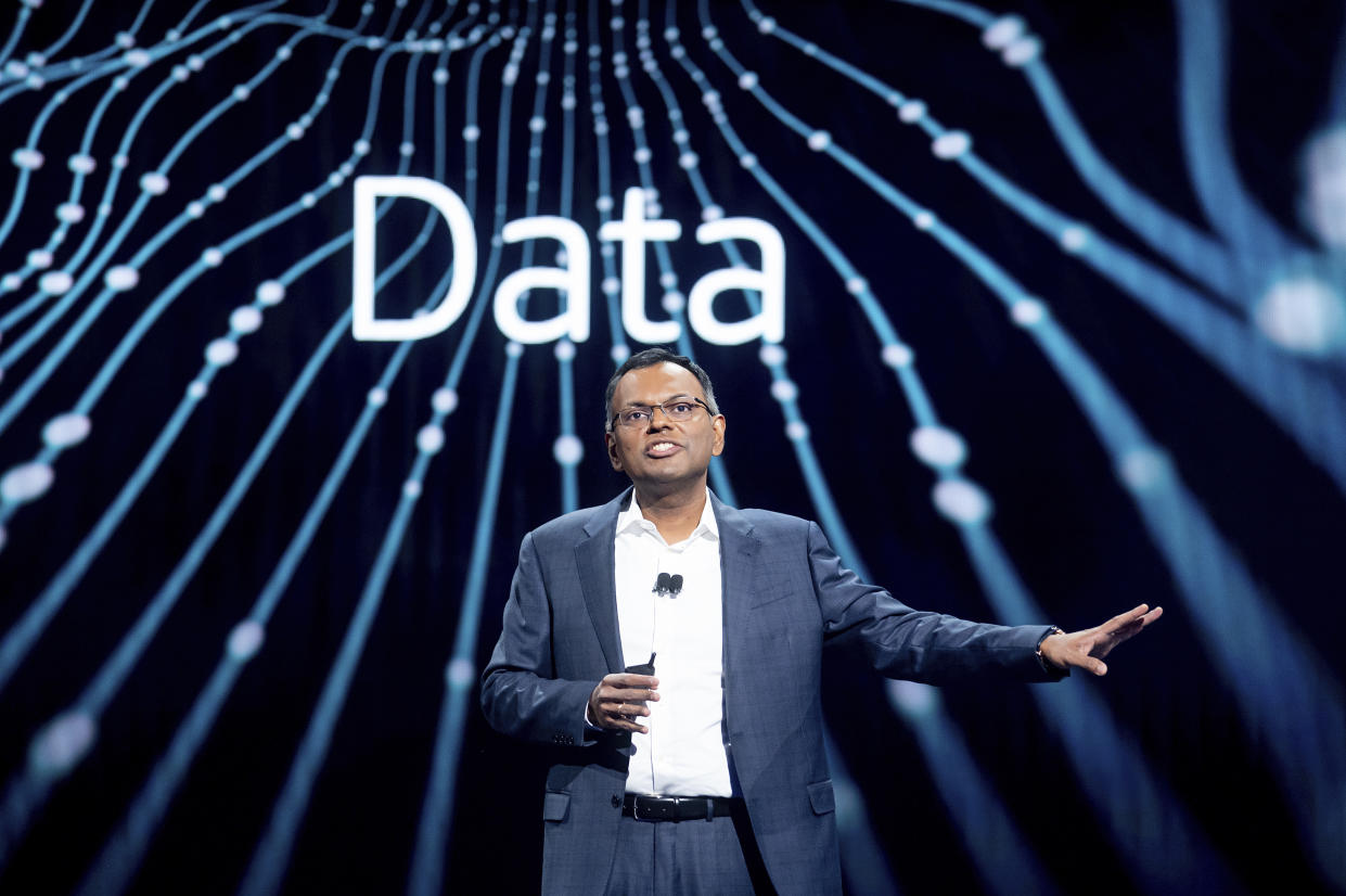 IMAGE DISTRIBUTED FOR AWS - Amazon Web Services (AWS) Vice President of Data and AI Dr. Swami Sivasubramanian delivers a keynote address the AWS re:Invent 2023 conference on Wednesday, Nov. 29, 2023, in Las Vegas. (Noah Berger/Amazon Web Services via AP Images)