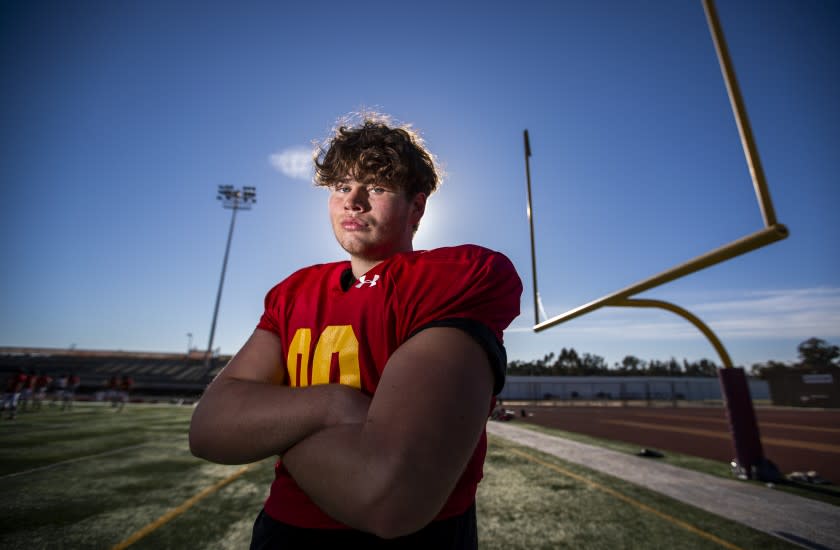 MISSION VIEJO, CA - March 02: Shlomo Bass, an Israeli-born 6-foot-6, 285-pound lineman who recently transferred from Fairfax to Mission Viejo. Photo taken at practice at Mission Viejo High School on Tuesday, March 2, 2021 in Mission Viejo, CA. (Allen J. Schaben / Los Angeles Times)
