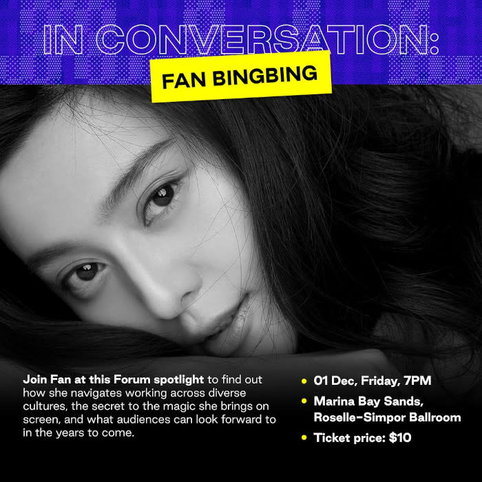 Fan Bingbing will attend her Special Presentation premiering of "Green Night" on 2 Dec, 4PM, and her forum, "In Conversation: Fan Bingbing" on on 1 Dec, 7PM.