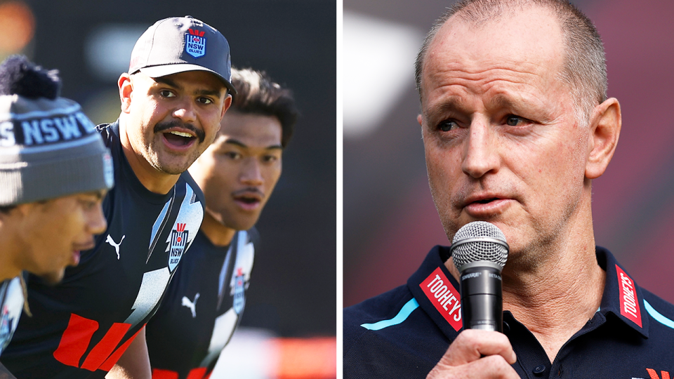 New Blues coach Michael Maguire (pictured right) has not guaranteed Latrell Mitchell (pictured left) a position for the Blues having told the fullback to find his focus before Origin. (Getty Images)