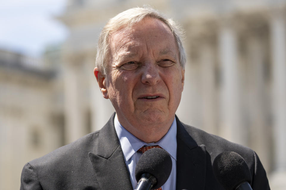 FILE - Sen. Dick Durbin, D-Ill., speaks with reporters about reproductive rights for U.S. veterans, on Capitol Hill, Wednesday, April 19, 2023, in Washington. Durbin, the Democratic chairman of the Senate Judiciary, has invited Supreme Court Justice John Roberts to testify next month at a hearing on ethics standards. (AP Photo/Alex Brandon, File)
