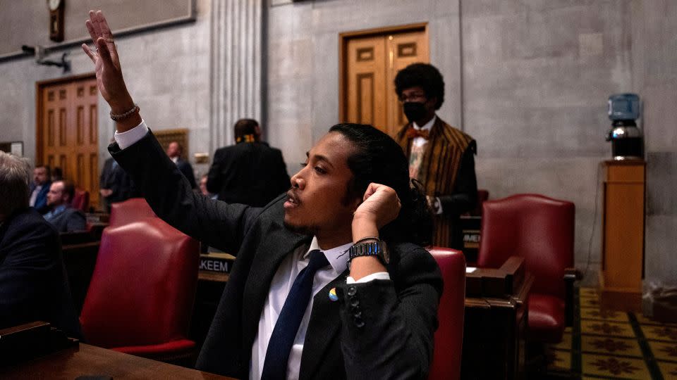 Rep. Justin Jones raises his hand to be called on to speak on bill HB 2716 at the Tennessee State Capitol building during a general session in Nashville, Tennessee, on February 26, 2024. - Seth Herald/Reuters