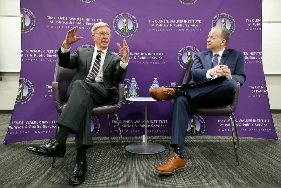George Will, Pulitzer Prize-winning columnist, talks with KSL NewsRadio host Boyd Matheson during an event hosted by Weber State University’s Olene S. Walker Institute of Politics and Public Service in honor of Constitution Day at Weber State University in Ogden on Wednesday, Sept. 6, 2023. | Kristin Murphy, Deseret News