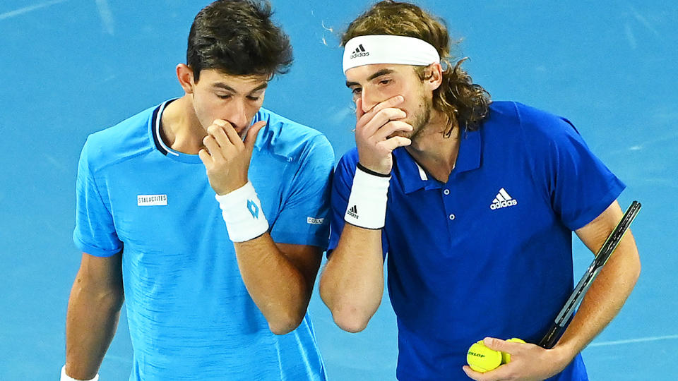 Michail Pervolarakis and Stefanos Tsitsipas, pictured here at the ATP Cup. 