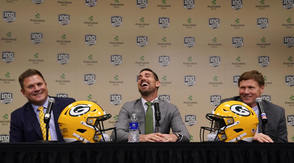 Green Bay Packers head coach Matt LaFleur smiles as he is introduced by General Manager Brian Gutekunst and President and CEO Mark Murphy at a news conference Wednesday, Jan. 9, 2019, in Green Bay, Wis. (AP Photo/Morry Gash)