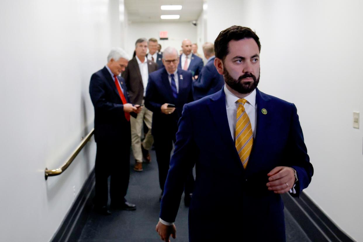 Rep. Mike Lawler, R-N.Y., departs from a meeting with House Republicans at the U.S. Capitol Building on October 19, 2023 in Washington, DC.