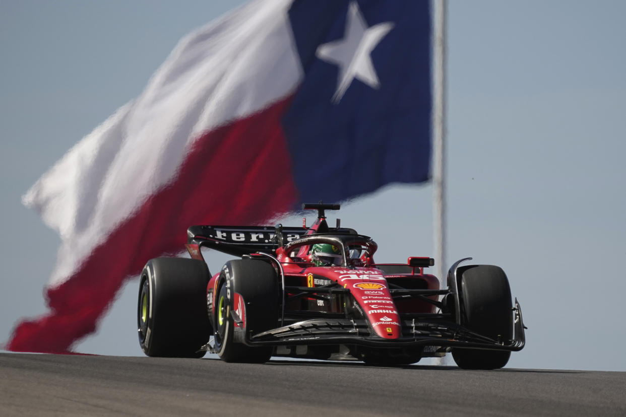 Ferrari driver Charles Leclerc of Monaco steers through a turn during a practice session for the Formula One U.S. Grand Prix auto race at Circuit of the Americas, Friday, Oct. 20, 2023, in Austin, Texas. (AP Photo/Eric Gay)