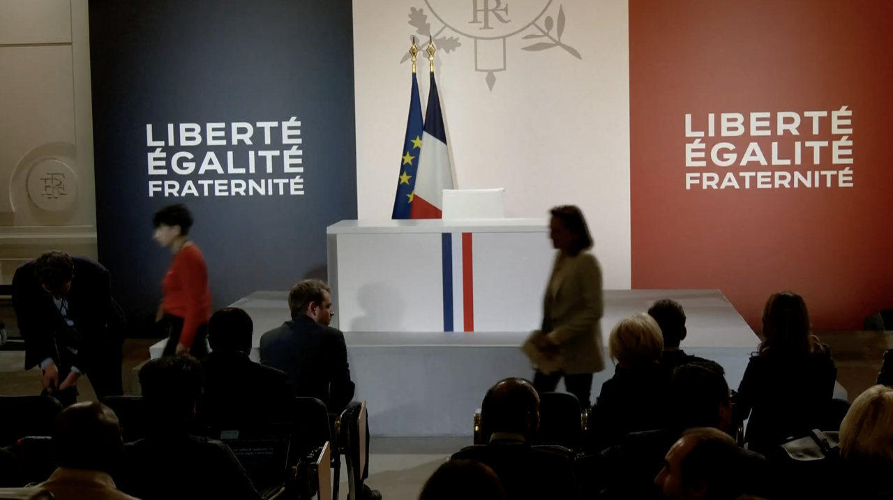 La salle où se déroule la conférence de presse d'Emmanuel Macron à l'Élysée