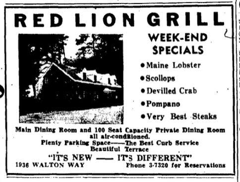 A 1941 advertisement for the recently opened Red Lion Grill as it appeared in The Augusta Chronicle.