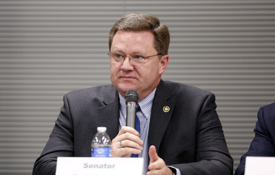 FILE - In this Nov. 3, 2015 file photo, Missouri Republican gubernatorial candidate, state Sen. Bob Dixon, participates in a forum in Jefferson City, Mo. A federal indictment alleges a Missouri nonprofit illegally funneled money to Missouri politicians. Former Republican Sens. Ryan Silvey and Bob Dixon and former Rep. Ward Franz confirmed to The Associated Press they had participated in fundraisers involving officials from Springfield-based Alternative Opportunities Inc. But they said they were unaware that charity resources may have been used for their campaigns. The indictment did not accuse the lawmakers of wrongdoing. (AP Photo/Jeff Roberson, File)