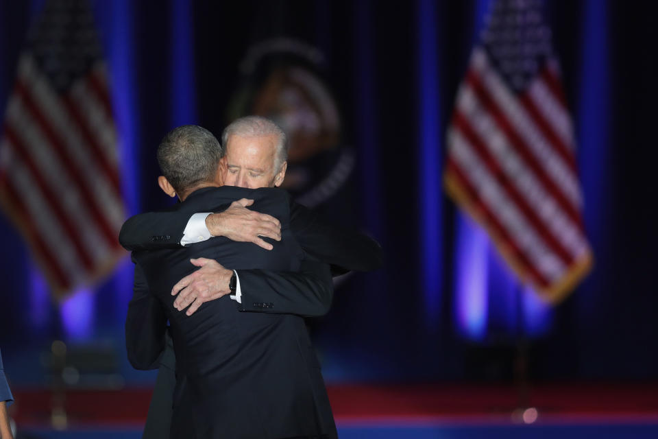 Obama and Vice President Joe Biden embrace after the president's farewell speech.