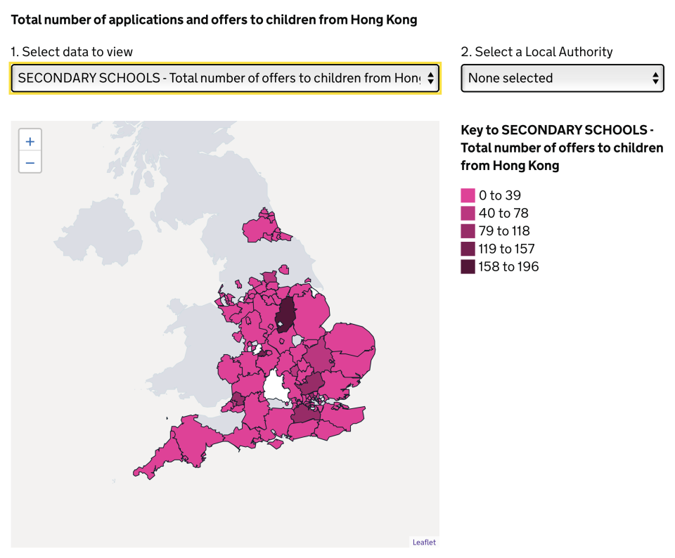 2021-22 學年，中學學童入學申請獲批地圖。圖：gov.uk