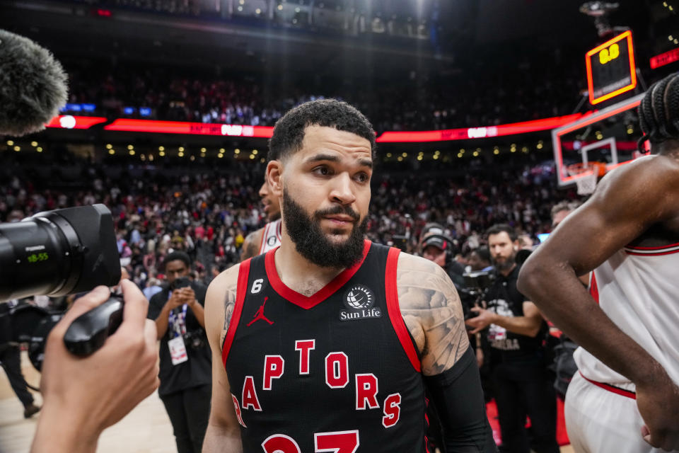 TORONTO, ON - APRIL 12: Fred VanVleet #23 of the Toronto Raptors looks on after being defeated by the Chicago Bulls during the 2023 Play-In Tournament at the Scotiabank Arena on April 12, 2023 in Toronto, Ontario, Canada. NOTE TO USER: User expressly acknowledges and agrees that, by downloading and/or using this Photograph, user is consenting to the terms and conditions of the Getty Images License Agreement. (Photo by Andrew Lahodynskyj/Getty Images)