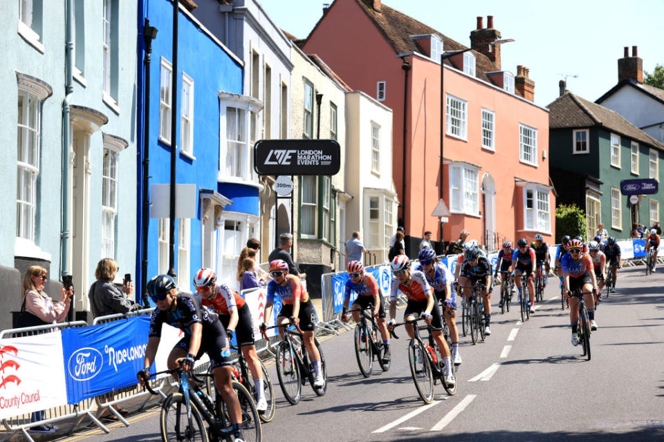 MALDON ENGLAND  MAY 27 A general view of the peloton passing through Maldon City during the 6th RideLondon Classique 2023 Stage 2 a 1331km stage from Maldon to Maldon  UCIWWT  on May 27 2023 in Maldon England Photo by Stephen PondGetty Images