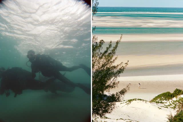 <p>Michael Turek</p> From left: Scuba diving at Kisawa, which has its own center for marine research; on the Bazaruto Archipelago, sandbars emerge from the Indian Ocean at low tide.