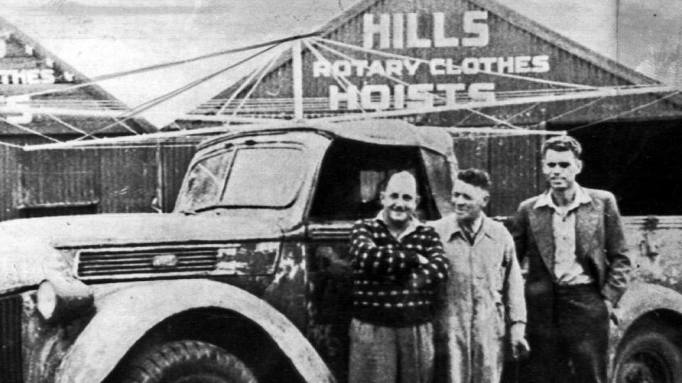 CIRCA 1946 : Lance Hill (C) at his Hills Rotary Clothes Hoist factory in Adelaide. Man (L) business partner Harold, man R mechanic  Jack Short.  SA / Industry    history motor vehicles car Hills Industries (info on men from Lance Hill's /daughter /Natalie /Beam of /Cairns 07 40810019