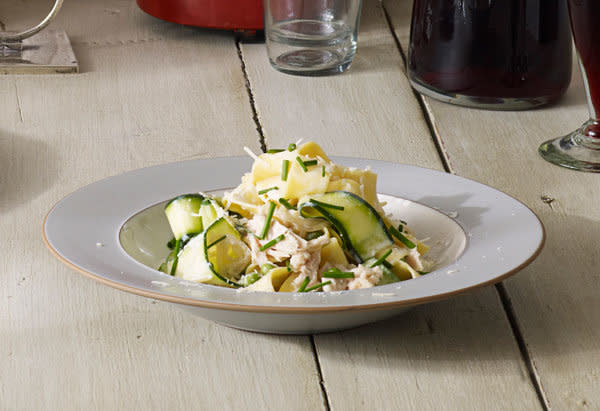 Canned tuna doesn't have to mean sandwiches; instead, toss it with ribbons of zucchini, pappardelle and a lemony cream sauce for a luxurious yet laid-back meal. The heavy cream, white wine and stock from previous recipes come together in a smooth and rich gravy that elevates pantry and freezer stapes&mdash;dried pasta, canned tuna, frozen peas&mdash;into an unexpectedly filling and complete dinner. <br /><br /><strong>Get the recipe: <a href="http://www.oprah.com/food/Zucchini-and-Tuna-Pappardelle-Recipe" target="_blank">Zucchini and Tuna Pappardelle</a></strong>