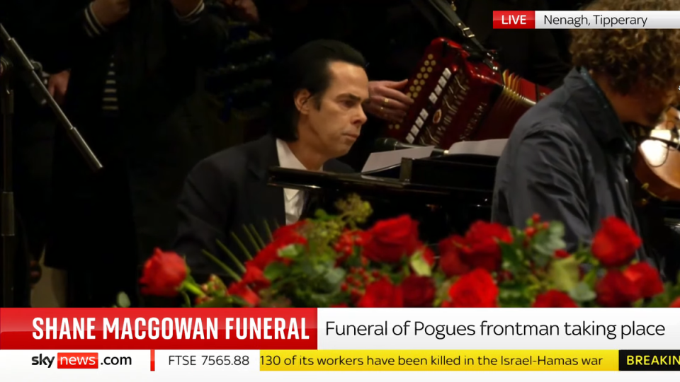 Nick Cave performing at Shane MacGowan funeral (Sky News)