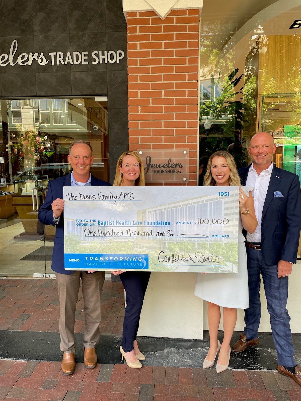 Davis Family and Jewelers Trade Shop donate $100,000 to Baptist Health Care Foundation. Left to right: Mark Faulkner, Baptist Health Care; KC Gartman, Baptist Health Care Foundation; Sarah and Corbett Davis, Jewelers Trade Shop.