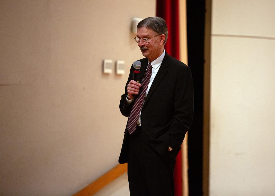 Michael Galyean, current professor and former provost and senior vice president for academic affairs at Texas Tech University, speaks to faculty during a candidate forum for NMSU president on Feb.29, 2024.
