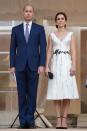 <p>In a custom dress by Gosia Baczynska, pearl necklace, matching earrings and Gianvito Rossi heels at a garden party celebrating The Queen in Warsaw, during the royal tour of Poland. </p>