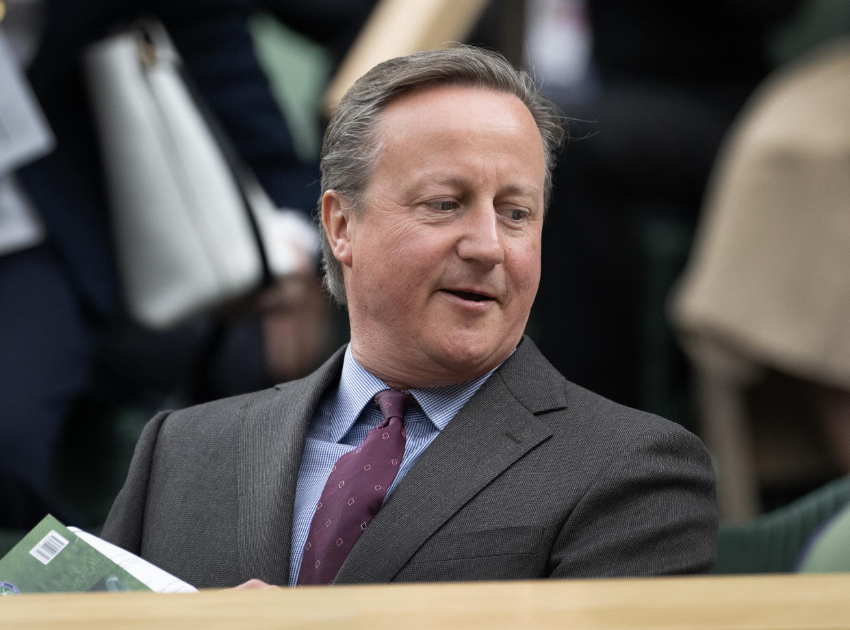 LONDON, ENGLAND - JULY 04: Former Prime Minister David Cameron in the royal box during day two of The Championships Wimbledon 2023 at All England Lawn Tennis and Croquet Club on July 04, 2023 in London, England. (Photo by Visionhaus/Getty Images)