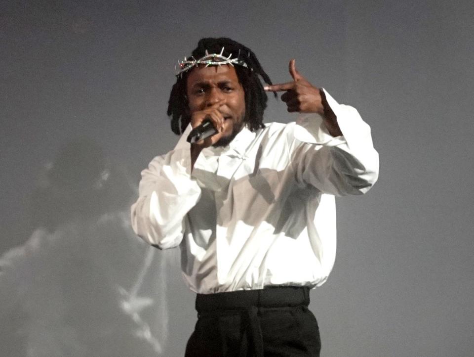 Kendrick Lamar performing on the Pyramid Stage at the Glastonbury Festival at Worthy Farm in Somerset. (Yui Mok/PA) (PA Wire)