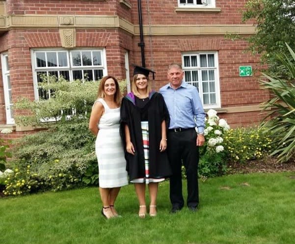 Gallagher's parents David and Karen (pictured together at her graduation before she became unwell) were unable to visit her in hospital. (Supplied: Brain Tumour Research)