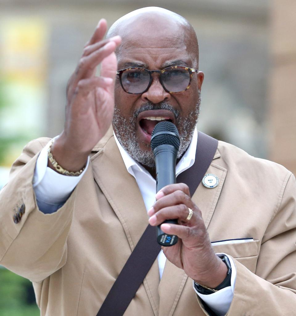 Hector McDaniel, president of the Stark County NAACP, gives and impassioned presentation while remembering the life of James R. Williams in Canton on Saturday, July 16, 2022. Williams was shot and killed by Canton Police on New Year's Eve.