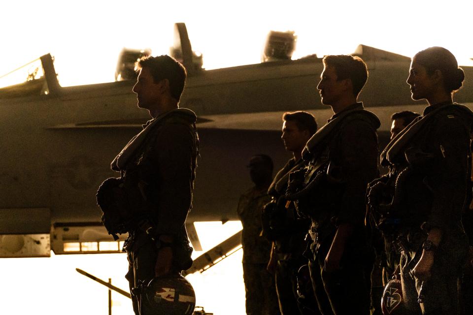 Maverick (Tom Cruise, from left) returns to oversee a new crop of pilots including Hangman (Glen Powell), Rooster (Miles Teller) and Phoenix (Monica Barbaro) in the sequel "Top Gun: Maverick."