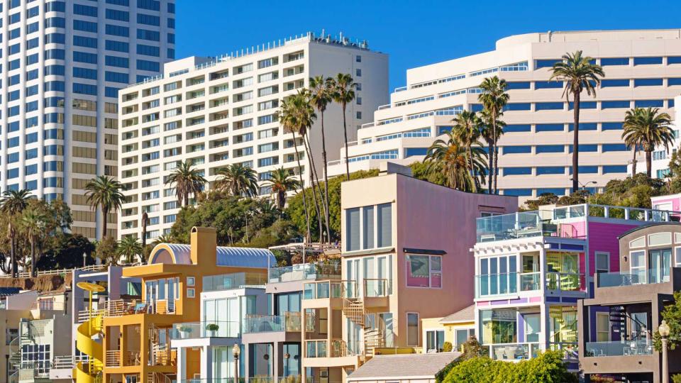 Stock photograph of Colorful Beach Homes and Hotels in Santa Monica California USA on a sunny day
