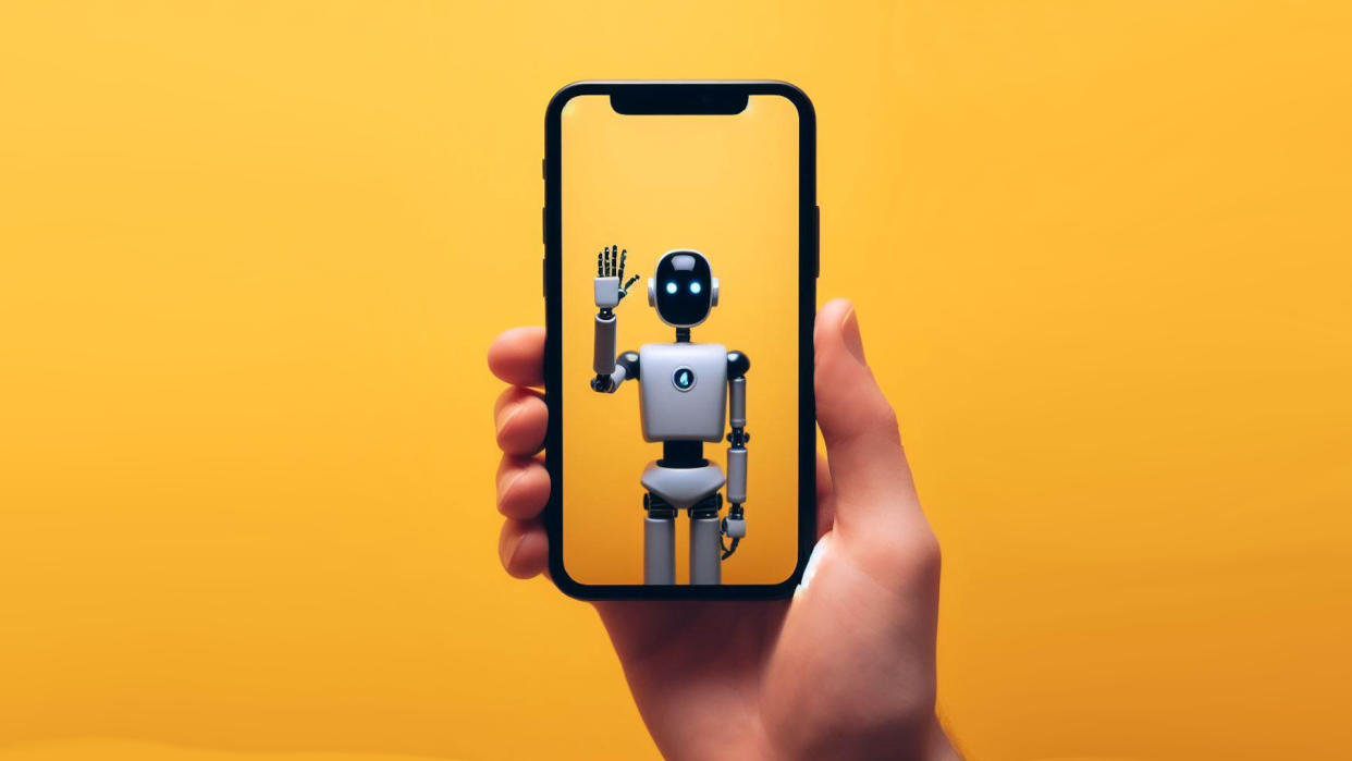  Hand holding iPhone 14 with a digital AI assistant on the screen, yellow background. 