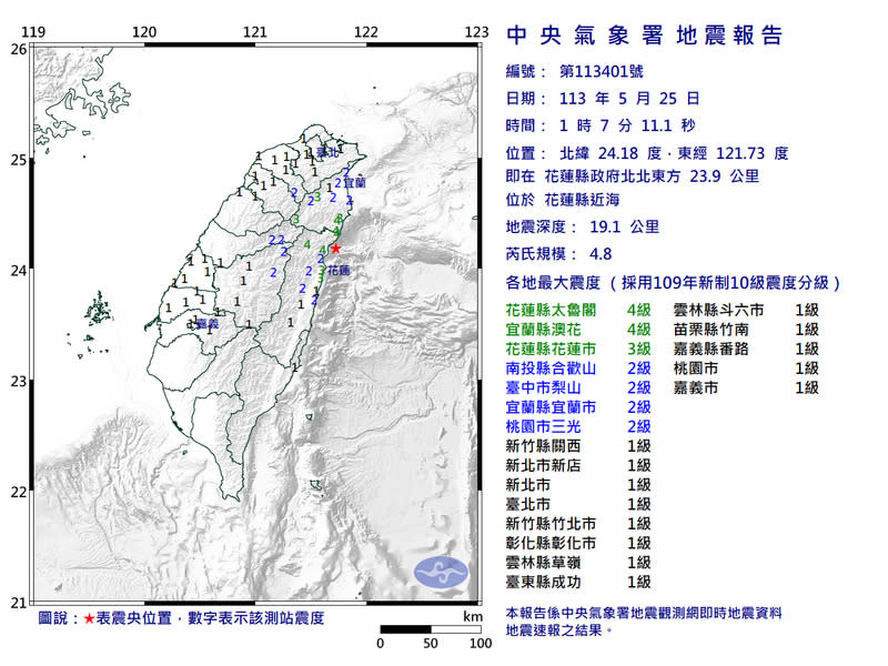 花蓮近海今（25）天凌晨01：07發生規模4.8地震，最大震度花蓮太魯閣、宜蘭澳花4級。   圖：氣象署提供