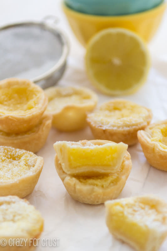 <p>Crazy for Crust</p><p>A sweet and tart Kentucky classic in a miniature form that's perfect for parties. <a href="http://www.crazyforcrust.com/2014/06/mini-lemon-chess-pies/" rel="nofollow noopener" target="_blank" data-ylk="slk:Get the recipe HERE!;elm:context_link;itc:0;sec:content-canvas" class="link rapid-noclick-resp">Get the recipe HERE!</a></p>