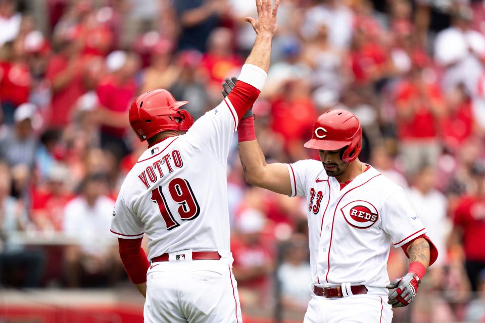 Christian Encarnacion-Strand greets Joey Votto after hitting a 2-run home run against the Marlins. Votto has displayed impressive power himself  since returning from his injury. Votto had 13 homers in his first 39 games — a 54-homer pace for a full season and has an .842 OPS in 42 games..