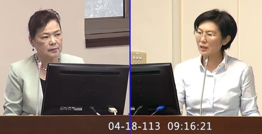 圖片：民進黨立委林岱樺（右）今天在立法院向經濟部長王美花（左）提出質詢（林岱樺國會辦公室提供）
