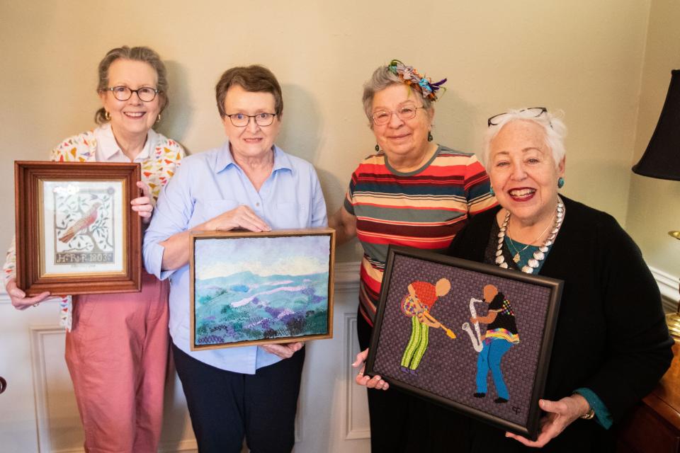 From left to right: Pat McVety, Elma Haley, Pam Doffek and Carole Fiore show off their masterpieces that they created as part of the Canopy Oaks Chapter of the EmbroiderersÕ Guild of America on Monday, March 18, 2024.