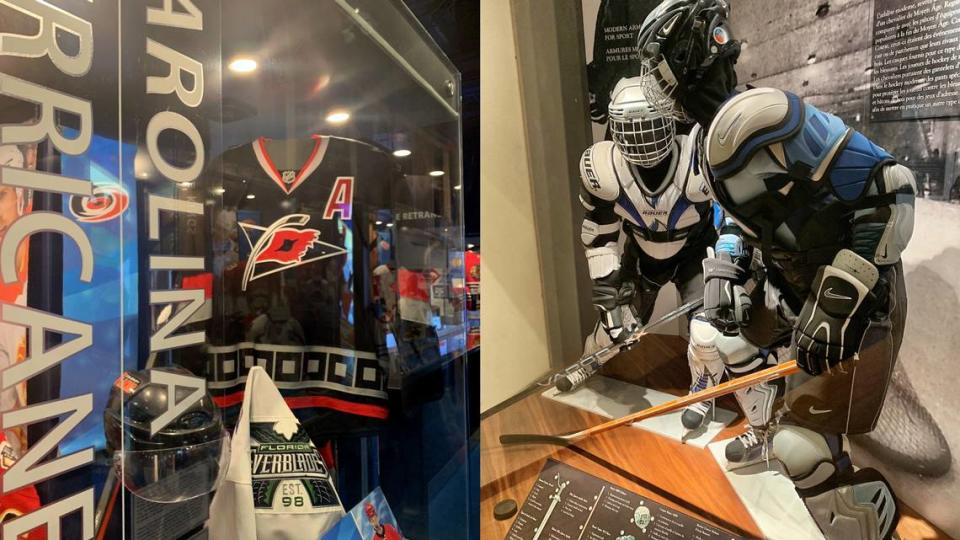 The Hockey Hall of Fame in Toronto showcases each NHL team, including the Carolina Hurricanes, left, and The Royal Ontario Museum has a fourth-floor exhibit that shows how centuries-old battles fought in armor are similar to the gear worn by hockey players.