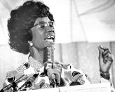<p>1968 – SHIRLEY CHISHOLM – GOVERNMENT – First African-American woman to be elected to the U.S. House of Representatives. — Rep. Shirley Chisholm adddresses women’s caucus at Democratic Convention in Miami, Florida on July 10, 1972. (James Garrett/NY Daily News Archive via Getty Images) </p>