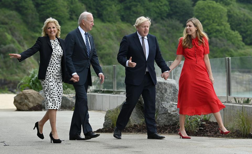 President Joe Biden and first lady Jill Biden meet Prime Minister Boris Johnson and his wife Carrie Johnson prior to a bilateral meeting, at Carbis Bay, Cornwall in southwestern England on June 10, 2021, ahead of a G7 summit.