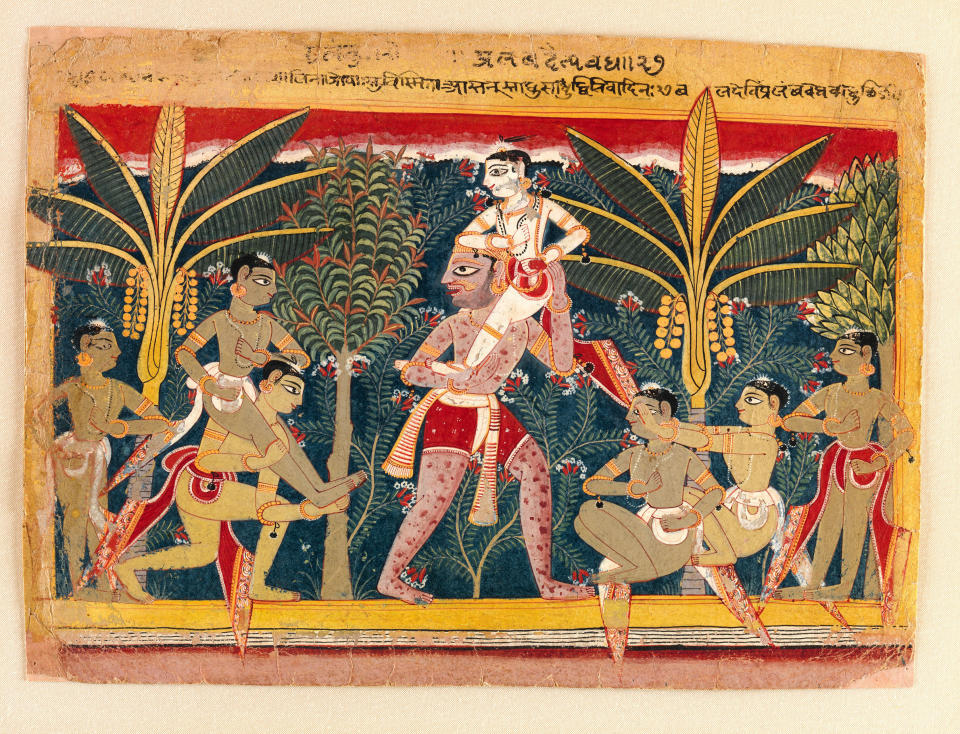 <strong>Blindman&rsquo;s Buff: The Demon&nbsp;Pralambha Carries Balarama on His&nbsp;Shoulder.</strong> Illustrated folio from the dispersed "Isarda" Bhagavata Purana (The&nbsp;Ancient Story of God)&nbsp;North India, probably Delhi-Agra region,&nbsp;ca. 1560&ndash;65.&nbsp;Opaque watercolor on paper; yellow and&nbsp;pink border with variously colored rules;&nbsp;Promised Gift of the Kronos Collections.