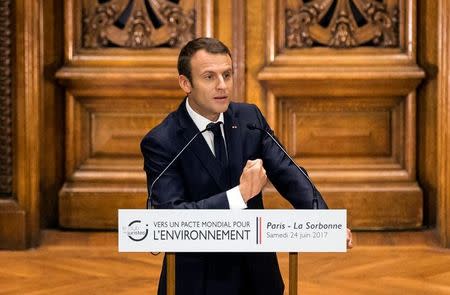 French President Emmanuel Macron attends the 'World Environment Pact' meeting at the Sorbonne where he promised to play an active role in a campaign aimed at securing a global pact to protect the human right to a clean and healthy environment in Paris, France, June 24, 2017. REUTERS/Etienne Laurent/Pool