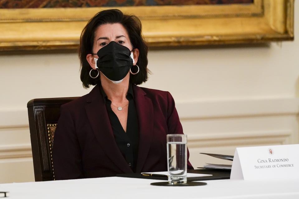 Secretary of Commerce Secretary Gina Raimondo attends a Cabinet meeting with President Joe Biden in the East Room of the White House, Thursday, April 1, 2021, in Washington. (AP Photo/Evan Vucci)