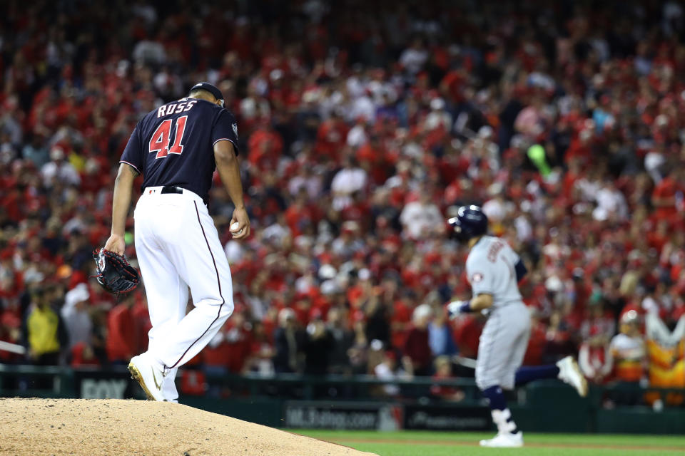 WASHINGTON, DC - OCTOBER 27:  Joe Ross #41 of the Washington Nationals reacts after allowing a two-run home run to Carlos Correa #1 of the Houston Astros during the fourth inning in Game Five of the 2019 World Series at Nationals Park on October 27, 2019 in Washington, DC. (Photo by Rob Carr/Getty Images)