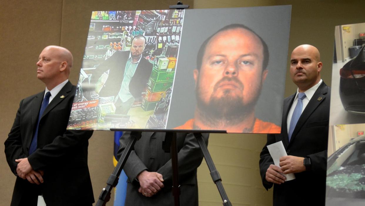 Surveillance video and a mugshot of Kenneth Welch are displayed during a press conference in San Bernardino in March 2017. Welch was found guilty by a jury for numerous crimes, including first-degree murder, on June 8, 2022.