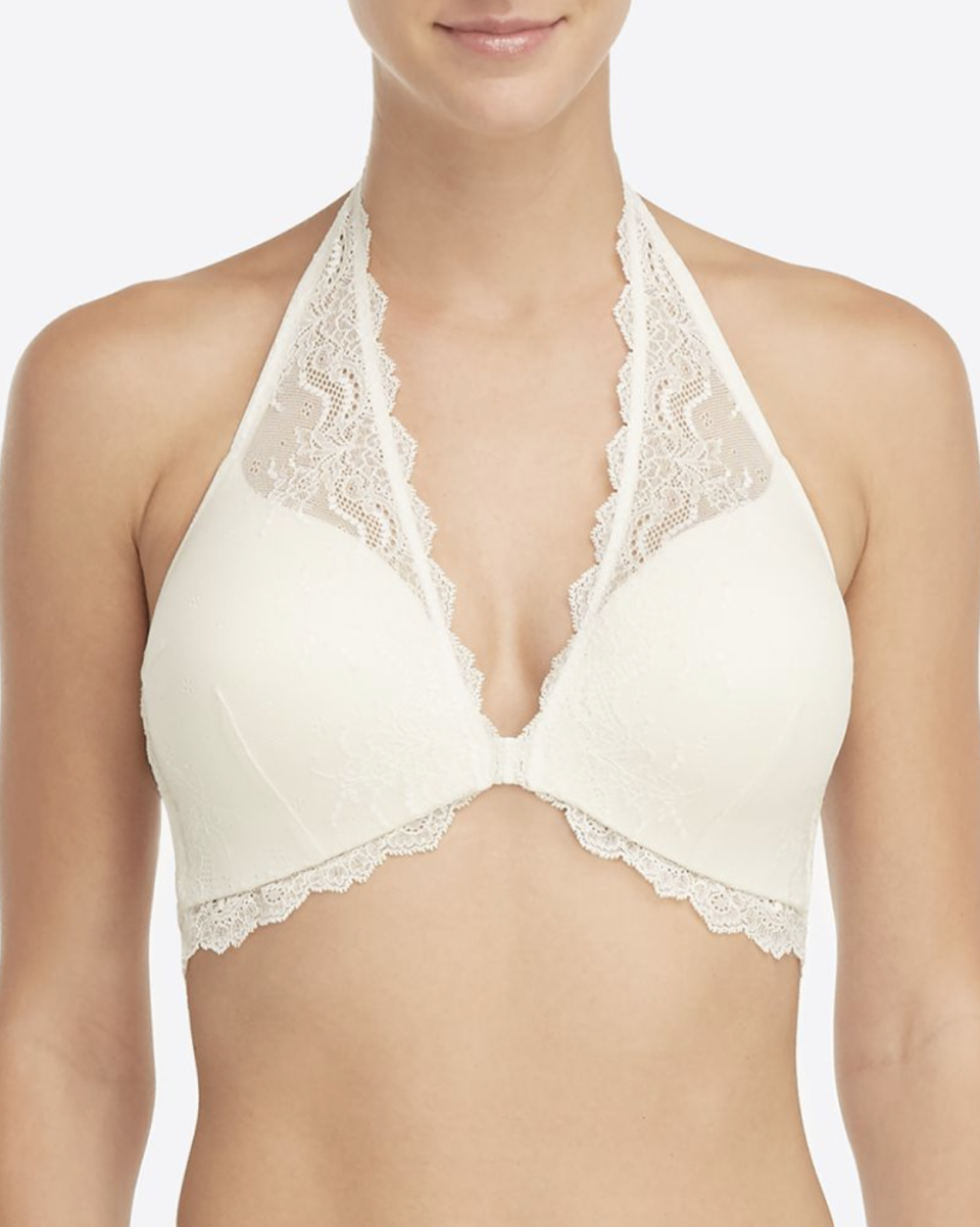 Undie-tectable Four Play Bra in Powder in white lace halter top