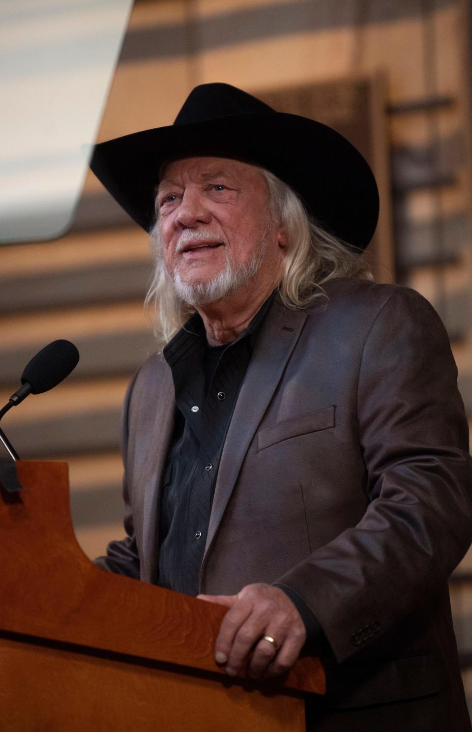 John Anderson speaks after being announced as a 2024 inductee in the Country Music Hall of Fame in the rotunda at the Country Music Hall of Fame and Museum in Nashville, Tenn., Monday, March 18, 2024.